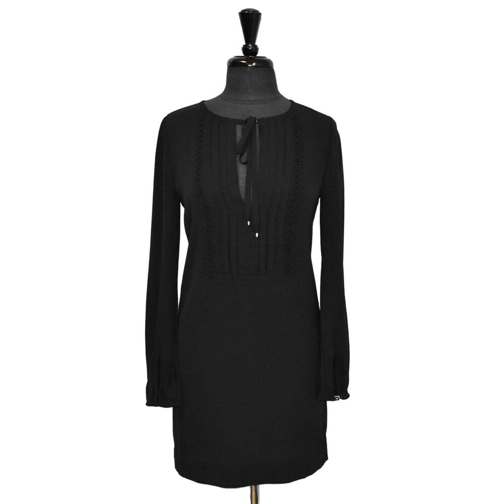 B2 DIANE VON FURSTENBERG Black Pleated Front Panel Detail W/Neck Tie Dress Sz 2